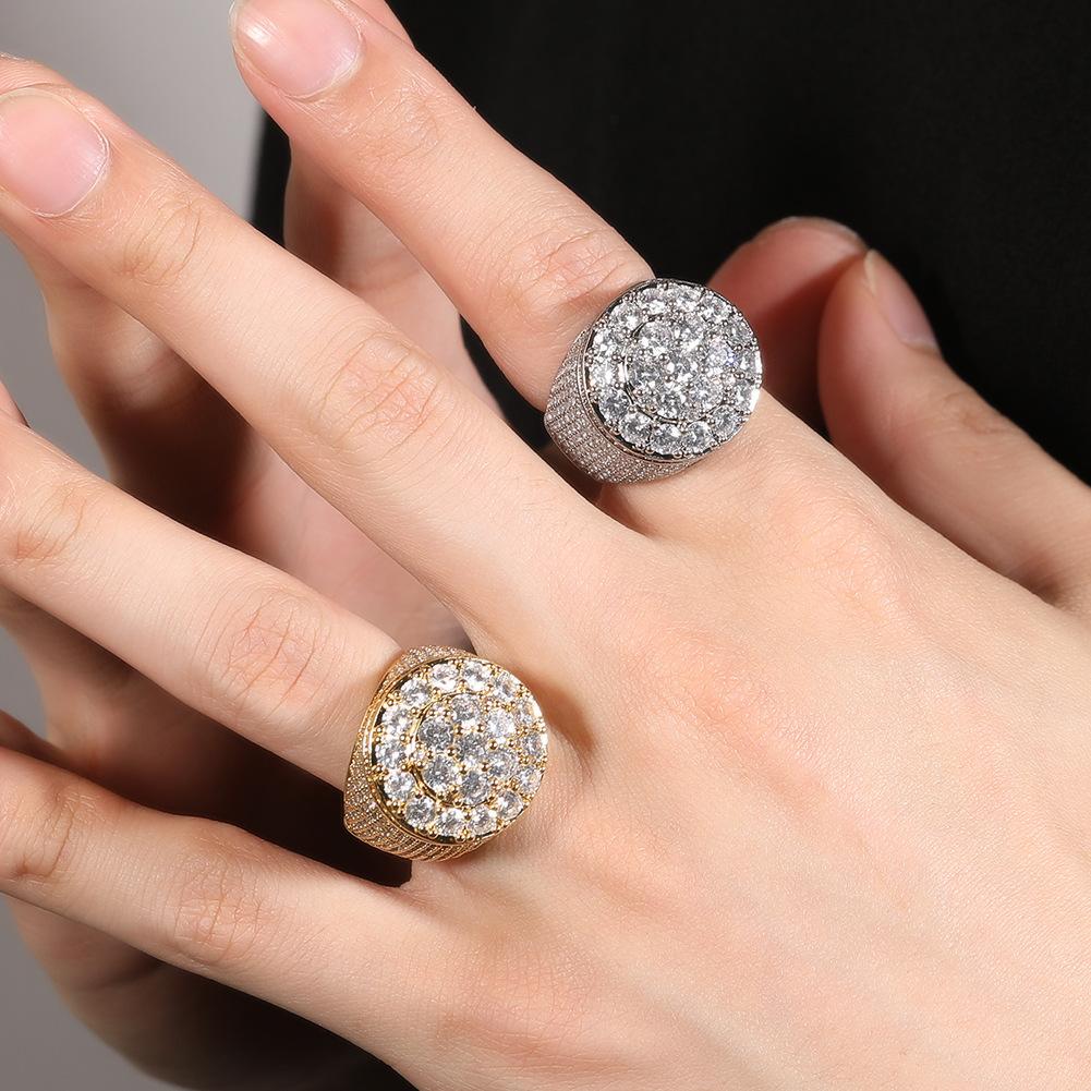 Men's Hip Hop Ring Trendy Retro Copper Material Real Gold Electroplated Flower Diamond Ring Personalized Jewelry