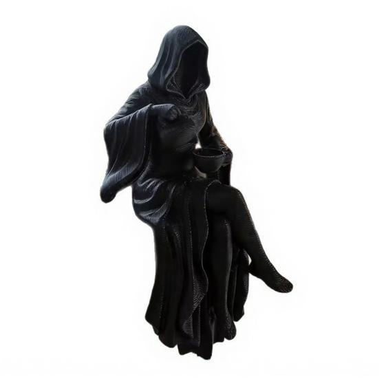

Black Hooded Robe Woman Statue Female Grim Reaper Pour Tea Figurine Mysterious Sculpture for Gothic Home Office Desk Shelf Decor чёрный