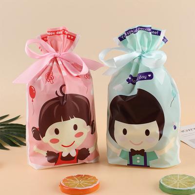 10Pcs Drawstring Gift Bags for Baby Shower Party Plastic Boy Girl Pattern Cookie Snack Candy Packaging Bags With Ribbon