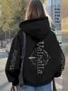 Nordic Myth Retro Dark Trend Men Sports Hoodie, Vertical Gothic Text Sword Emblem Double Sleeve Printing, Casual Loose Hip Hop Pullover
