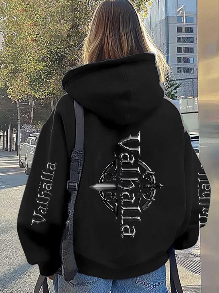 Nordic Myth Retro Dark Trend Men Sports Hoodie, Vertical Gothic Text Sword Emblem Double Sleeve Printing, Casual Loose Hip Hop Pullover