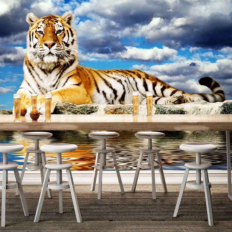 Mural Wallpaper 3D Stereo Tiger Blue Sky And White Clouds Wall Murals Living Room Bedroom Cartoon Wall Papers