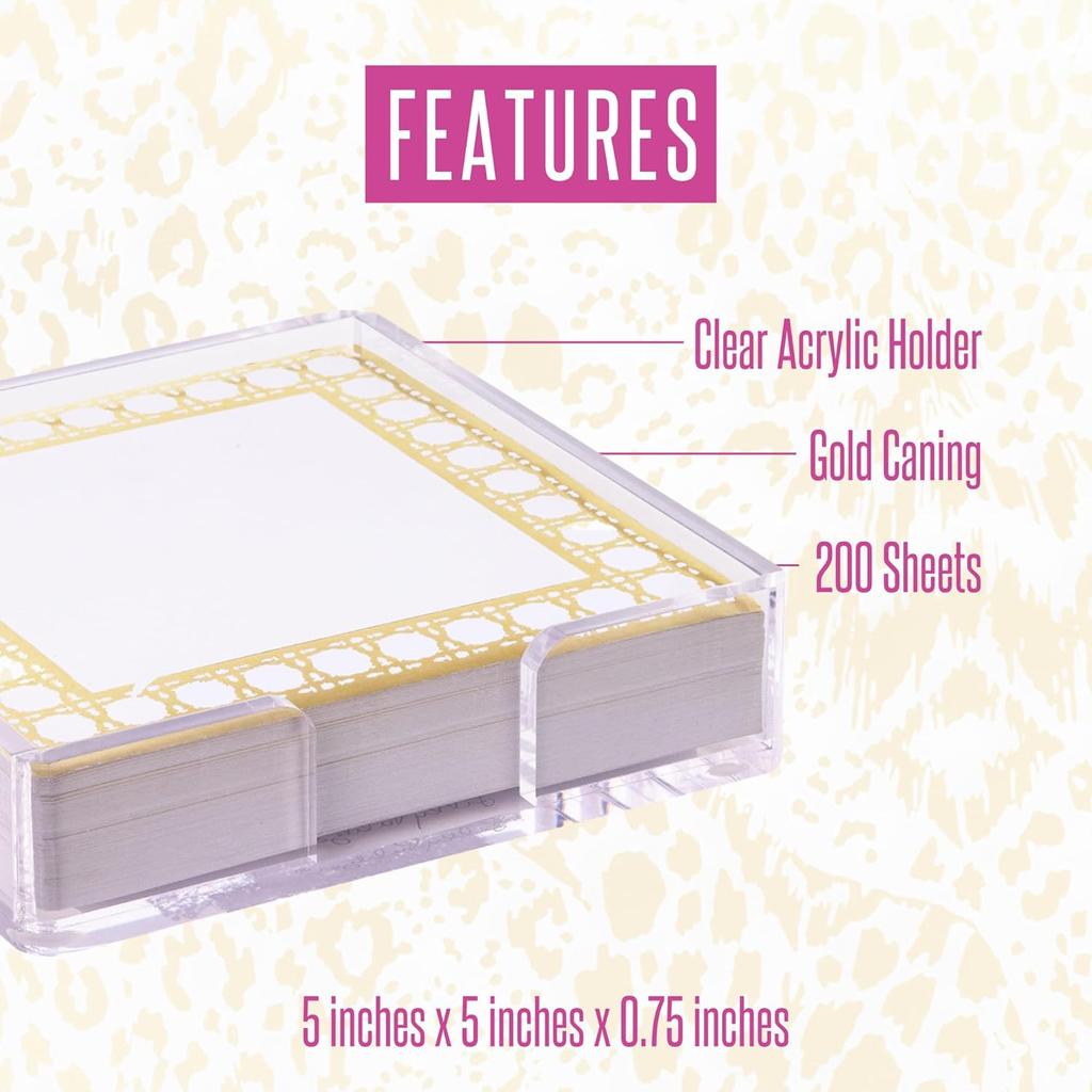 Lilly Pulitzer Notepad Holder with 200 Blank Sheets, Cute Memo Pad with Tray, Acrylic Desk Accessories for Home or Office, Gold Caning