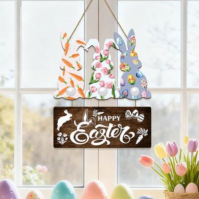 Easter Wooden Pendant Home Decoration Easter Egg Wooden Plaque Hanging Decoration Carrot Doorplate