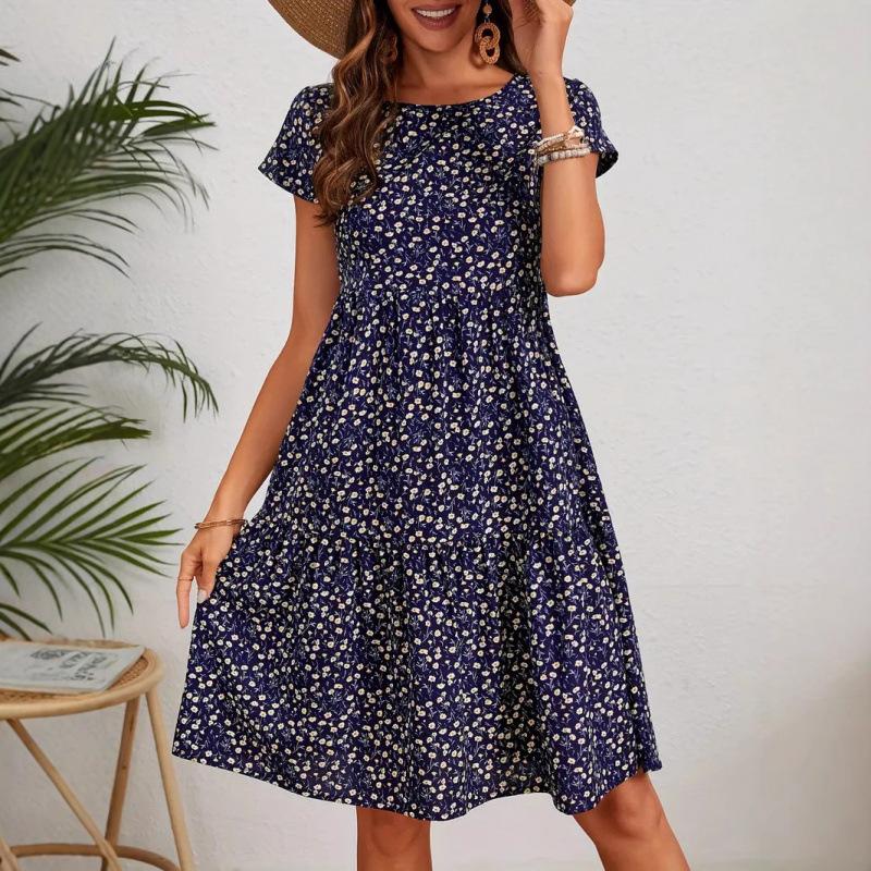 Women's Spring&Summer Printed Round Neck Short Sleeve Dresses