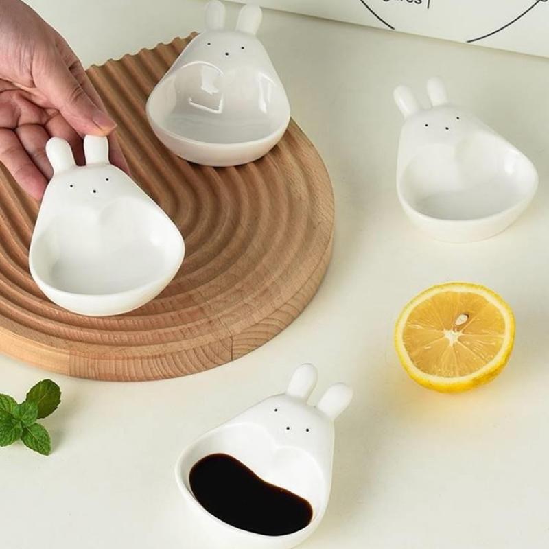 Super fofo coelho de desenho animado molho pires doméstico tridimensional cerâmica pires ketchup lanche prato vinagrete coelho branco