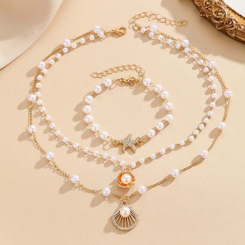 Fashion Colorful Zircon Starfish Pendant Necklace Bracelet for Women Luxury Gold Color Crystal Temperament Choker Zircon Gifts