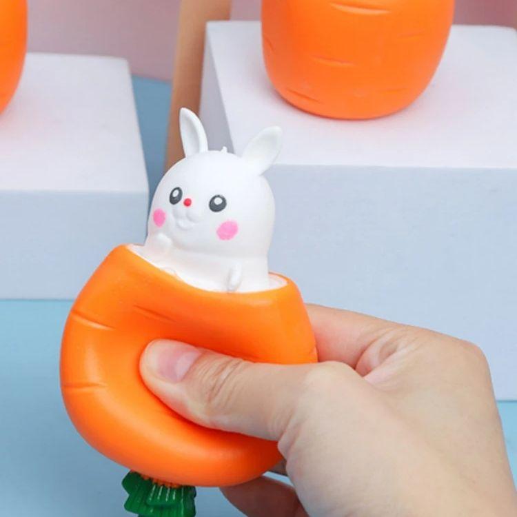 

Adorable Little White Rabbit Toy Stress Relief Cup Creative Prank Squeezable Fun Rabbit with Carrot New Model Toy 1pc