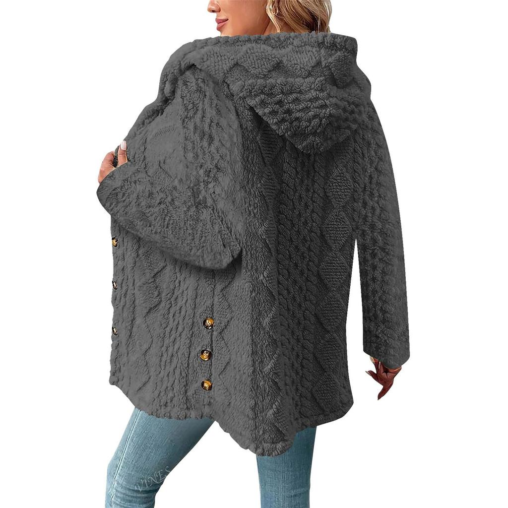 Women's Fashionable Solid Color Long Sleeved Loose Hooded Button Down Plush Jacket
