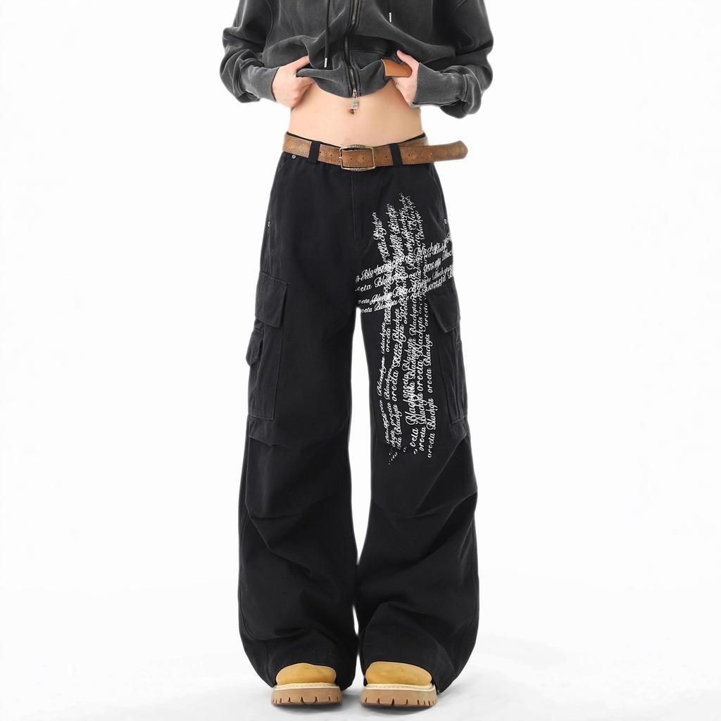 JYL Unisex Cargo Pants American Cross Print Autumn Washed Multi-Pocket Casual Denim