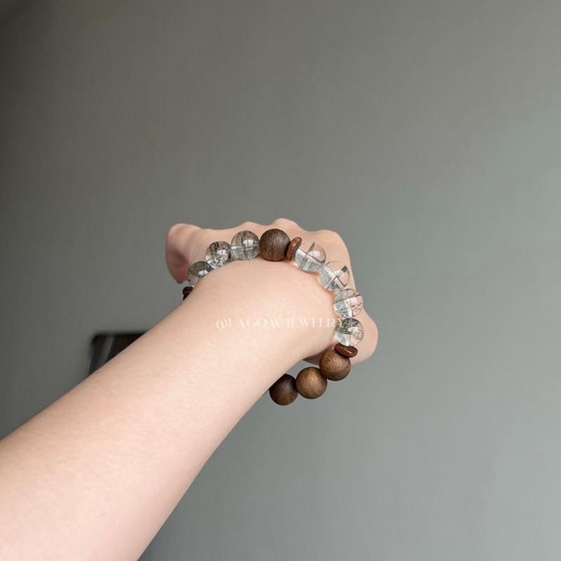 Natural Green Phantom Crystal Bracelet With Agarwood Spacers Vintage Style Jewelry Women