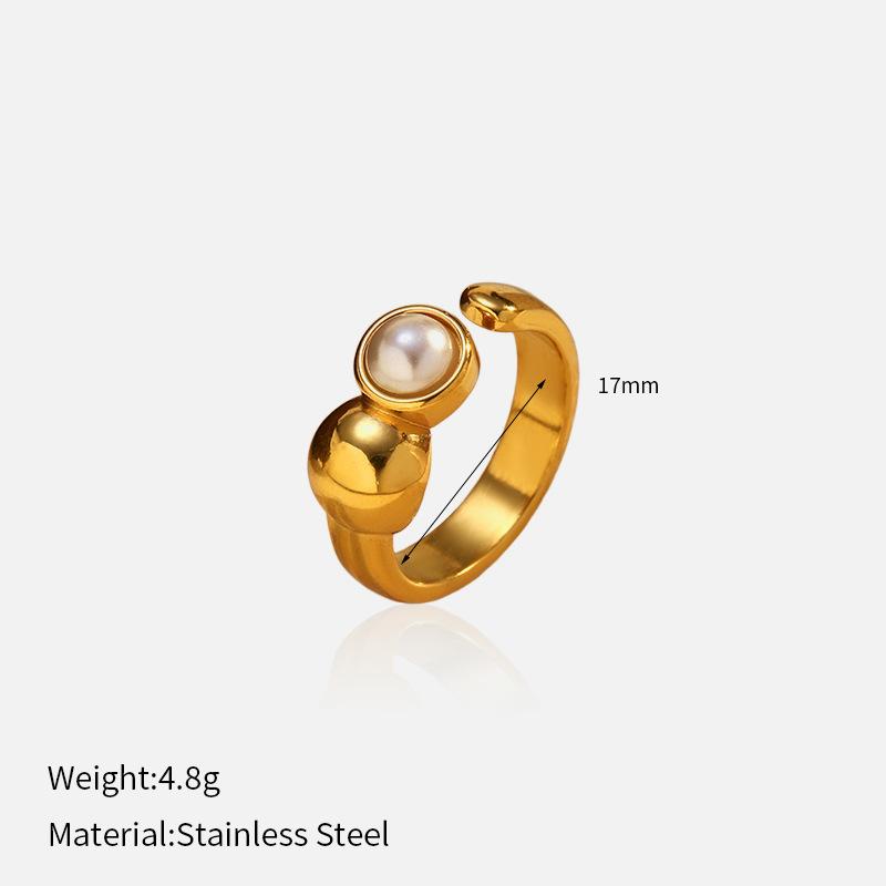 Chenhe's new titanium steel open imitation pearl ring, European and American style smooth surface ball special-shaped personalized plated 18K gold