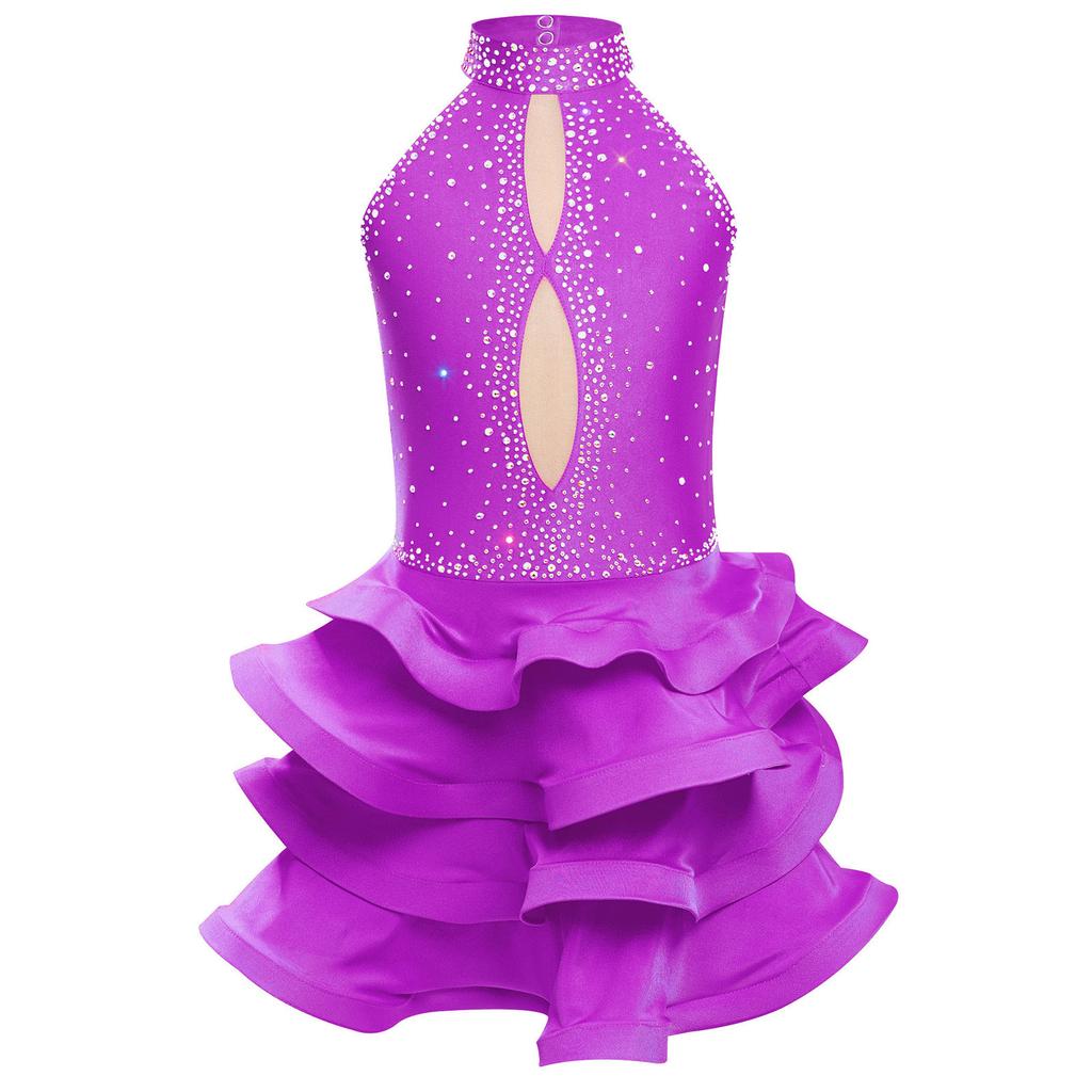 Girls Sparkly Rhinestone Latin Dance Dress Sleeveless Backless Design with Flowy Tiered Skirt for Competition