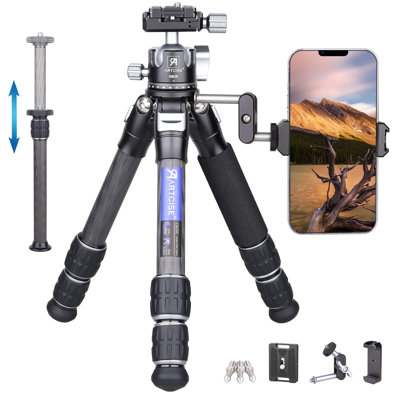 

ARTCISE Tube Mini Carbon Tripod 28 мм, шаровая головка с низким центром тяжести, ограниченный центр, волшебный зажим для смартфона, простой штатив, совместимый с ЧПУ