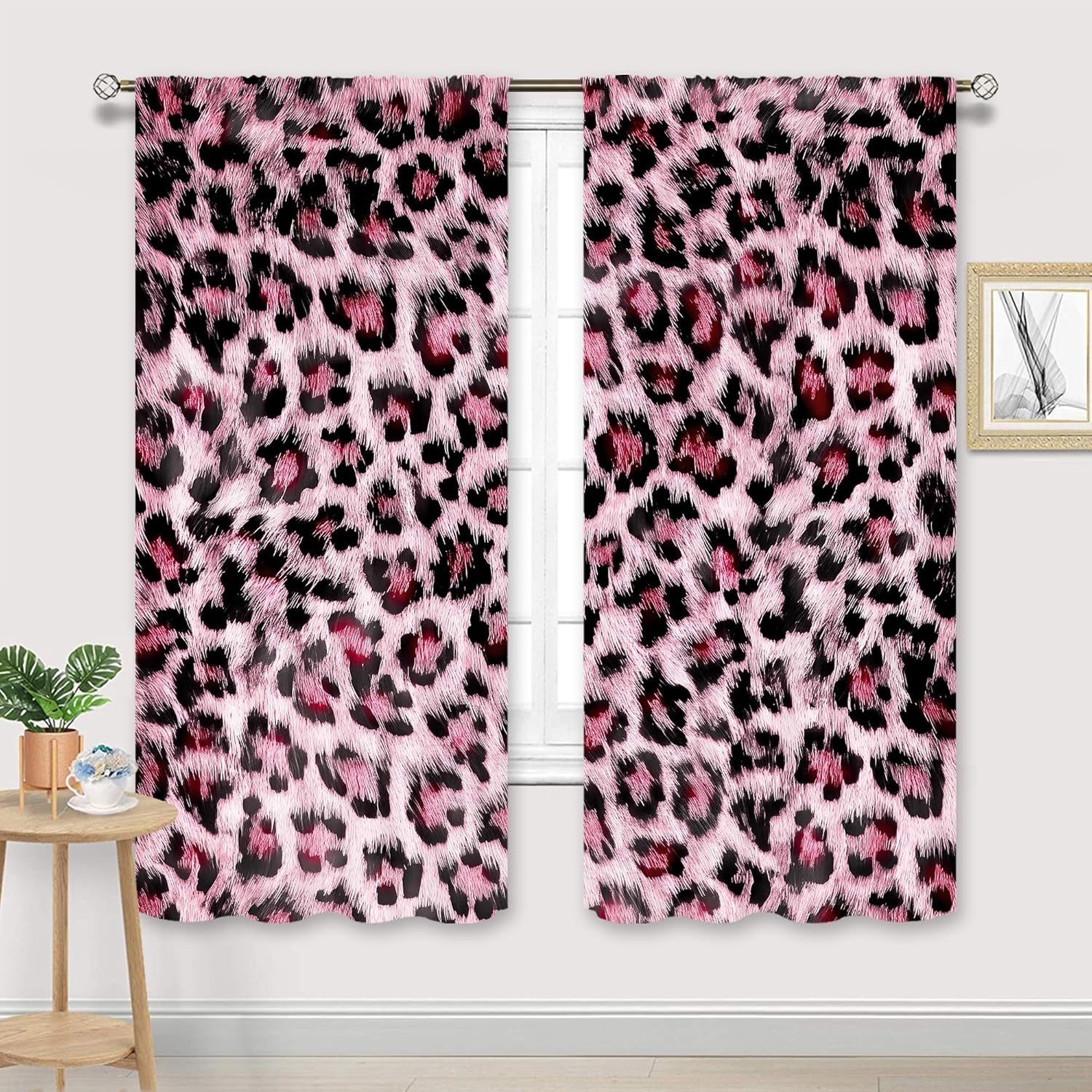 

Modern Pink Bow Leopard Print Curtains Preppy Girly Cheetah Cute Pretty Sweet Girls Art Printed Retro Fashion Curtain Polyester With Rod Pocket W100*H130(CM)-Grommet top&2PCS