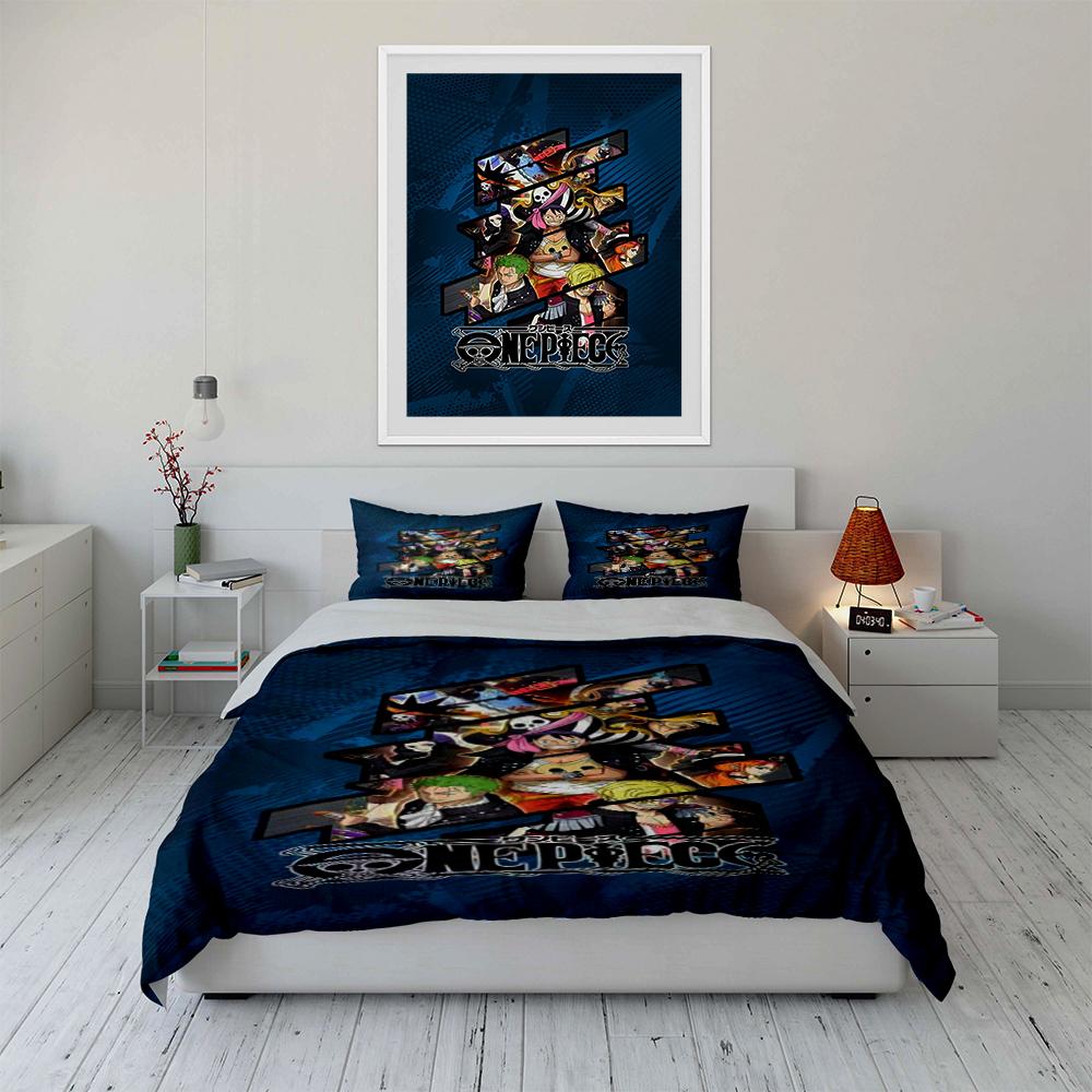 One Piece Anime Bedding Set Blue Design Bedding set (1 duvet cover, 2 pillowcases, duvet not included)