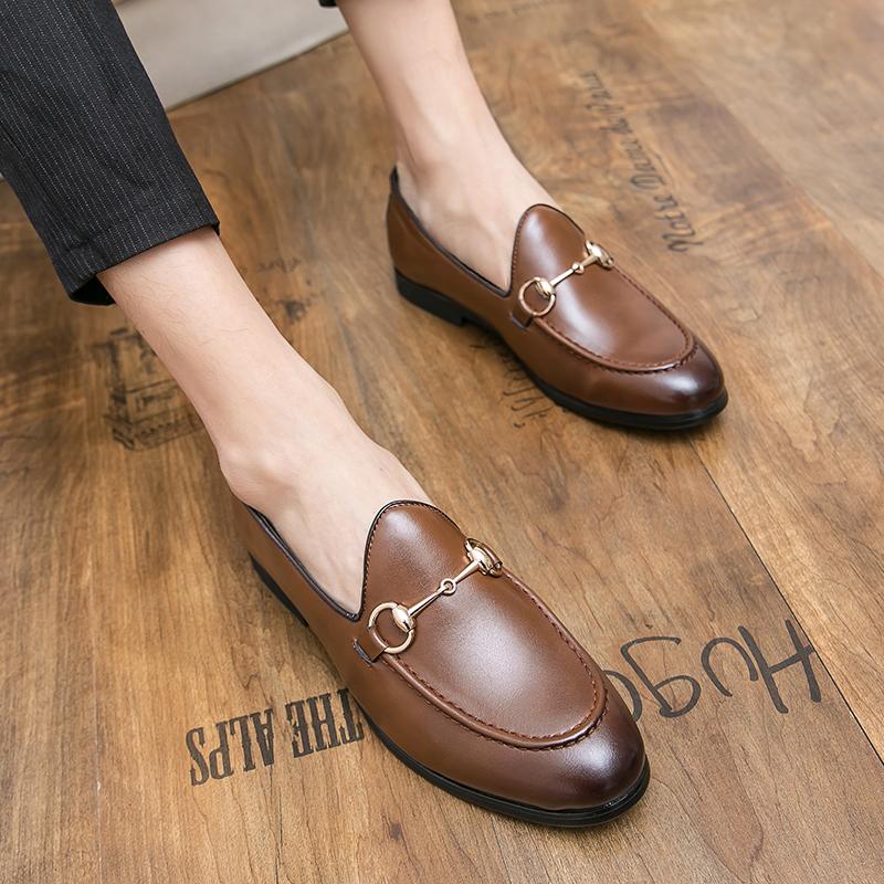 Fashion Mens Casual Shoes Leather Mens Classic Retro Buckle Loafers Moccasins Men Comfortable Office Dress Driving Flats Plus Size 48