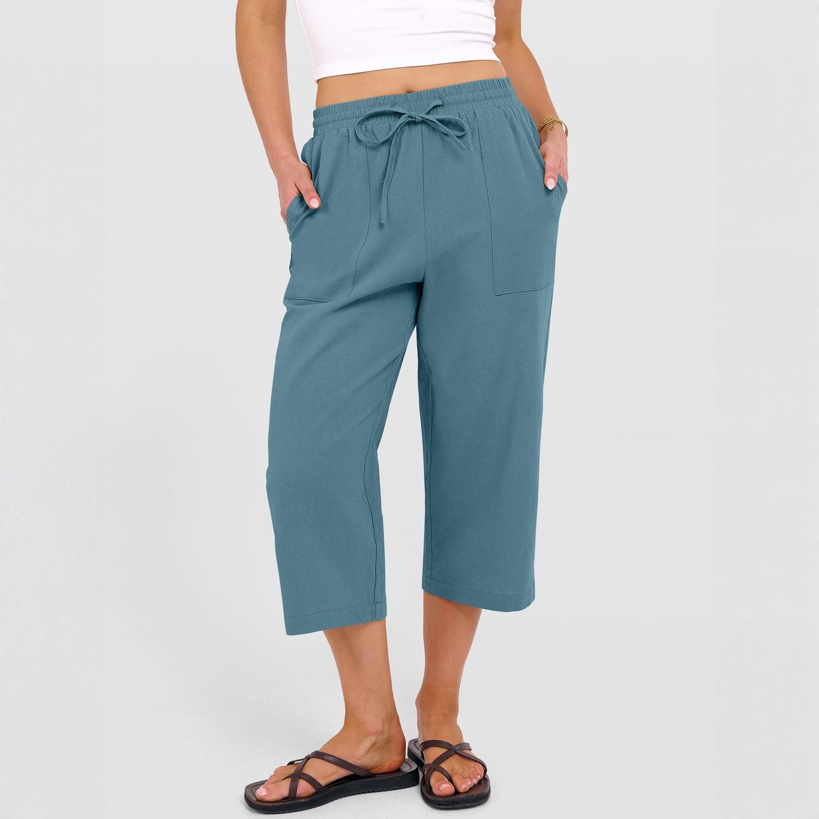 

Capris Pants For Women Summer Casual Loose Drawstring Elastic High Waist Straight Beach Cropped Trousers S синій