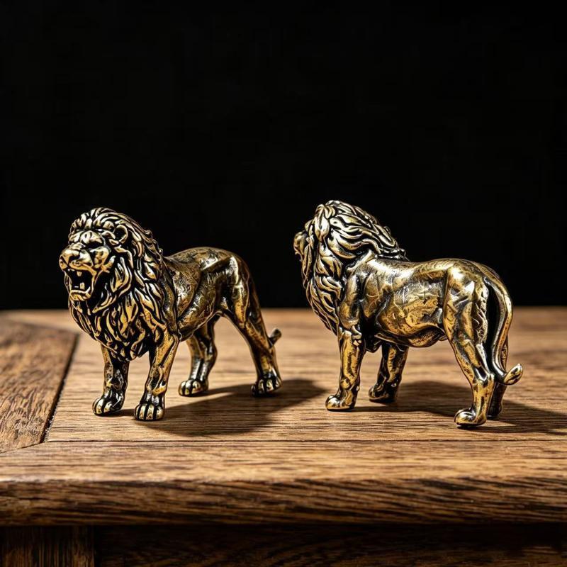 Brass Lion Figurine With Vintage Antique Finish And Exquisite Carvings For Home Office Desktop Decor