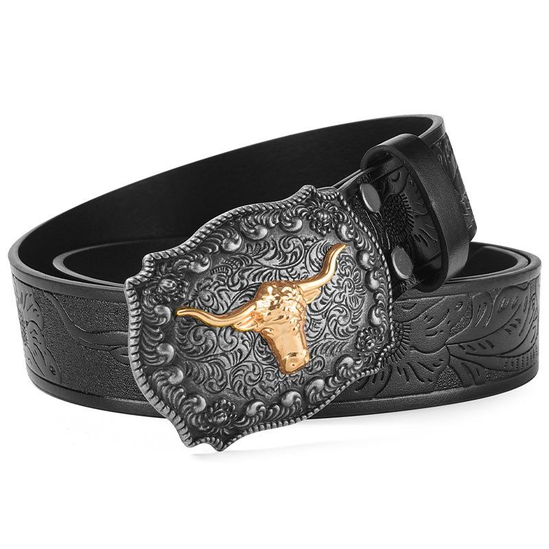 New Men's Western Cowboy Belts Cool Handsome Black PU BELT Material Embossed Design and Stylish Alloy Buckle Men Belt