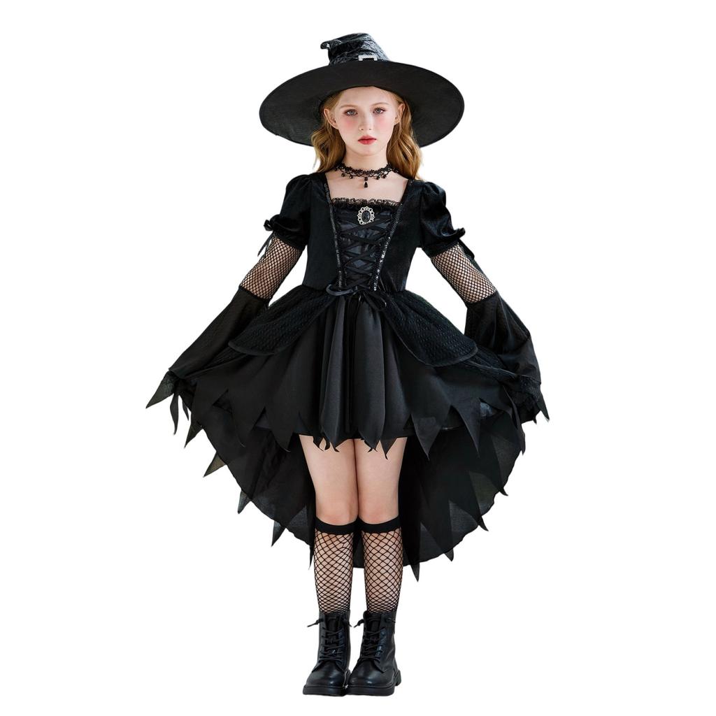 Girls Witch Halloween Costume Dress with Tulle Mesh for Kids Stage Performance