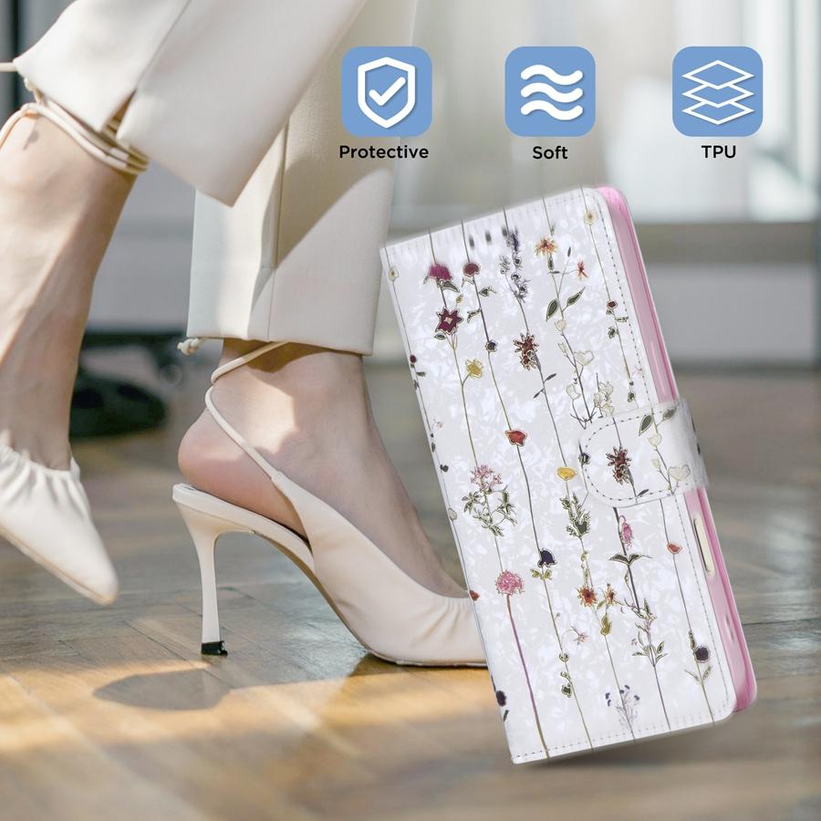 Funda de teléfono de lujo con diseño de flores en relieve para iPhone 16, 15, 14, 13, 12 y 11, Samsung S25, S24, S23, A16, A15, A14, A56 y A55, con tarjetero y bloqueo RFID.