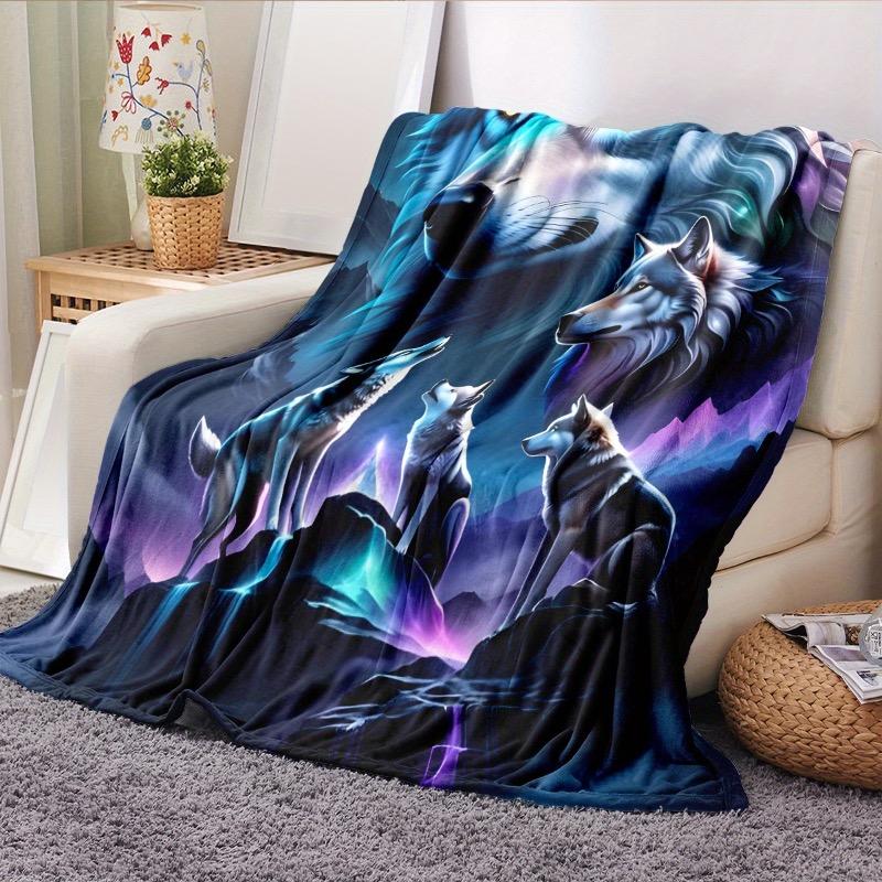 Bohemian Wolf-Themed Flannel Throw Blanket – Hypoallergenic Soft Polyester Quilted Bedding Digital HD Printed