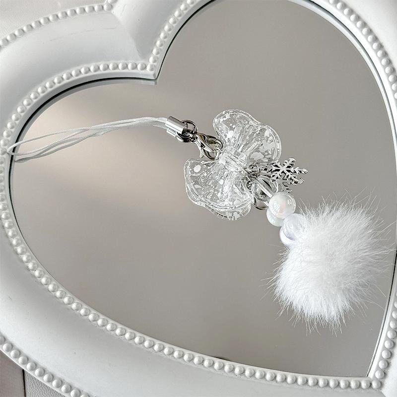 1Pc Snowflake Keychain Bow Phone Chain Hair Ball Mao Qiu Keychain Pendant Snowflake Bead String Key Buckle Chain