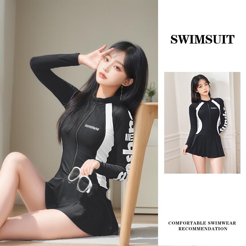 Women's Black Skirted One-Piece Swimsuit - Slimming, Conservative, Sportswear for Summer