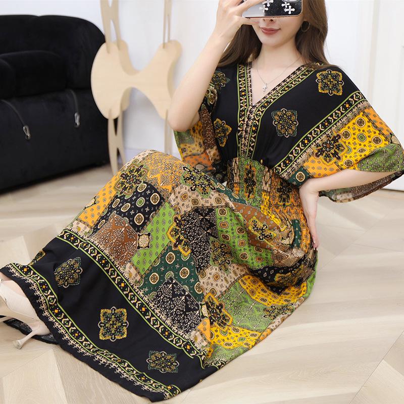 25th Anniversary Ethnic V-Neck Rayon Short Sleeve French-Thai Print Holiday Dress for Women