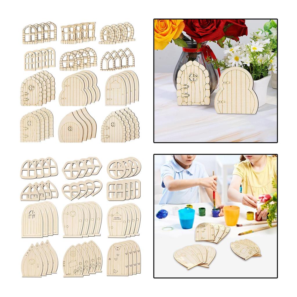 48 Piezas Puerta de Hada de Madera Ventana DIY 12 Patrones Hada Miniatura