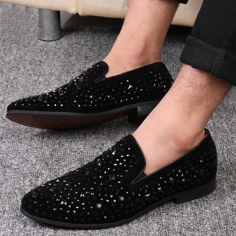 2026Dress Shoes for Men Luxury Pointed Toe Black Loafers Denim Metal Sequins Shoes Fashion High Quality Men Party Wedding Shoes