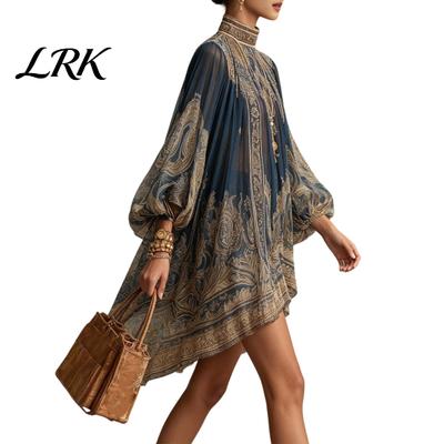 Transparentes Stoffkleid Boho Blumenprint Hoher Halsausschnitt Unregelmäßiges Chiffon-Minikleid für Damen, Birnenförmige Figur Langarm Fließendes Party-Cocktailkleid,