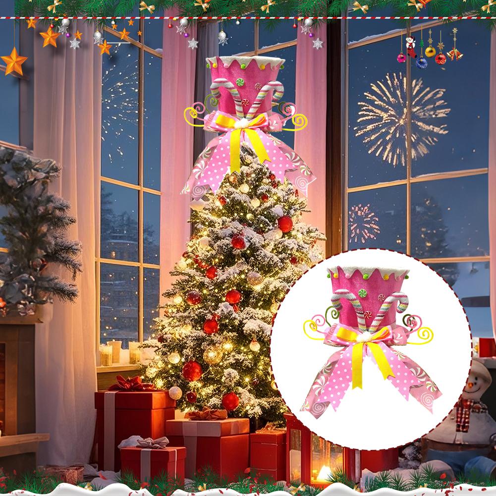 Foldable Christmas Tree Gift Hat Decorative Top Hat With Bow Ribbon Winter Holiday Party Decor