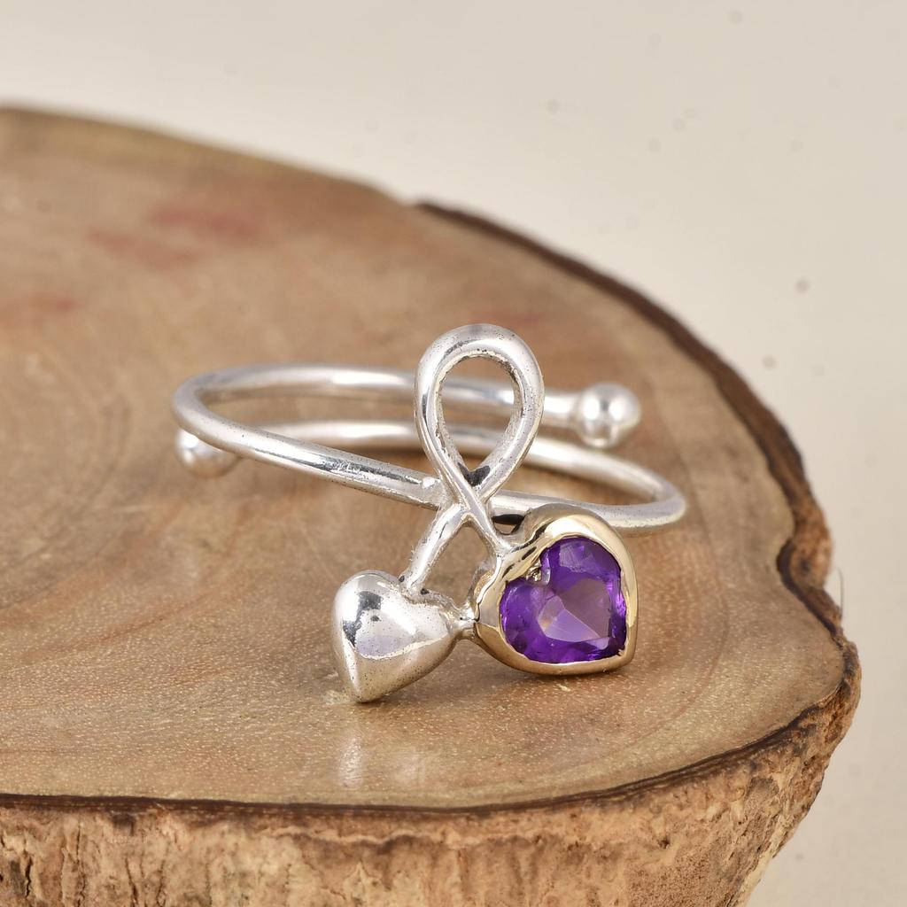 Infinity Heart Amethyst Ring, Adjustable 925 Sterling Silver Ring, Minimalist Promise Ring, Romantic Jewelry Gift for Her.