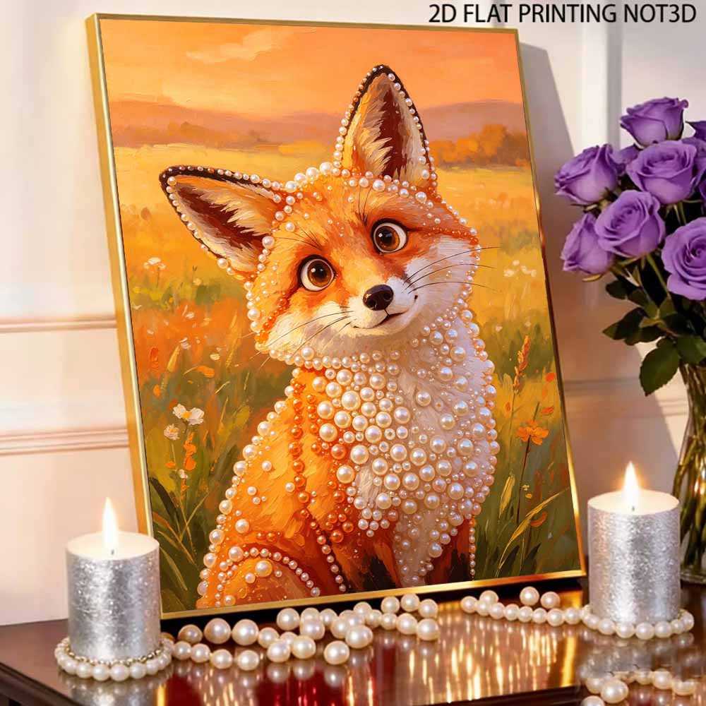 Beautiful Framed Pearl Painting Kit Cute Fox Portrait Design DIY 3D Bead Art Canvas Creative Wall Decor Gift for Adults Home Art Work