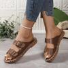 Sandales pour femmes grande taille Été Nouveau Fond plat Bout rond Pantoufles de plage Chaussures à enfiler à double boucle Matière polyuréthane