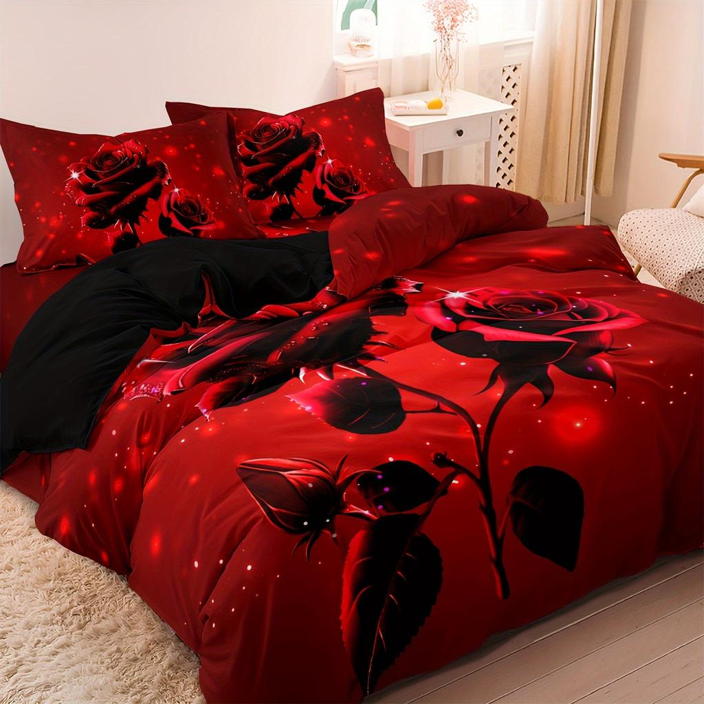 3Pcs Rose Print Duvet Cover Set Red & Black Floral Design Zipper Closure All-Season Comfortable Polyester Fabric