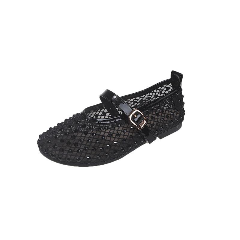 Stylish Mesh Rhinestone Catwalk Shoes Round Head Mary Jane Shoes Breathable Flat Ballet Single Shoes Women's Summer