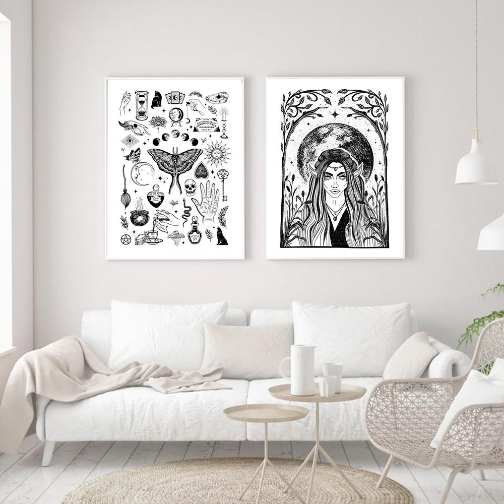 Moon Tarot Card Zodiac Chart Wall Art Mural Retro Occult Tattoo Flash Sheet Canvas Painting Witchy Palmistry Posters Wall Decor