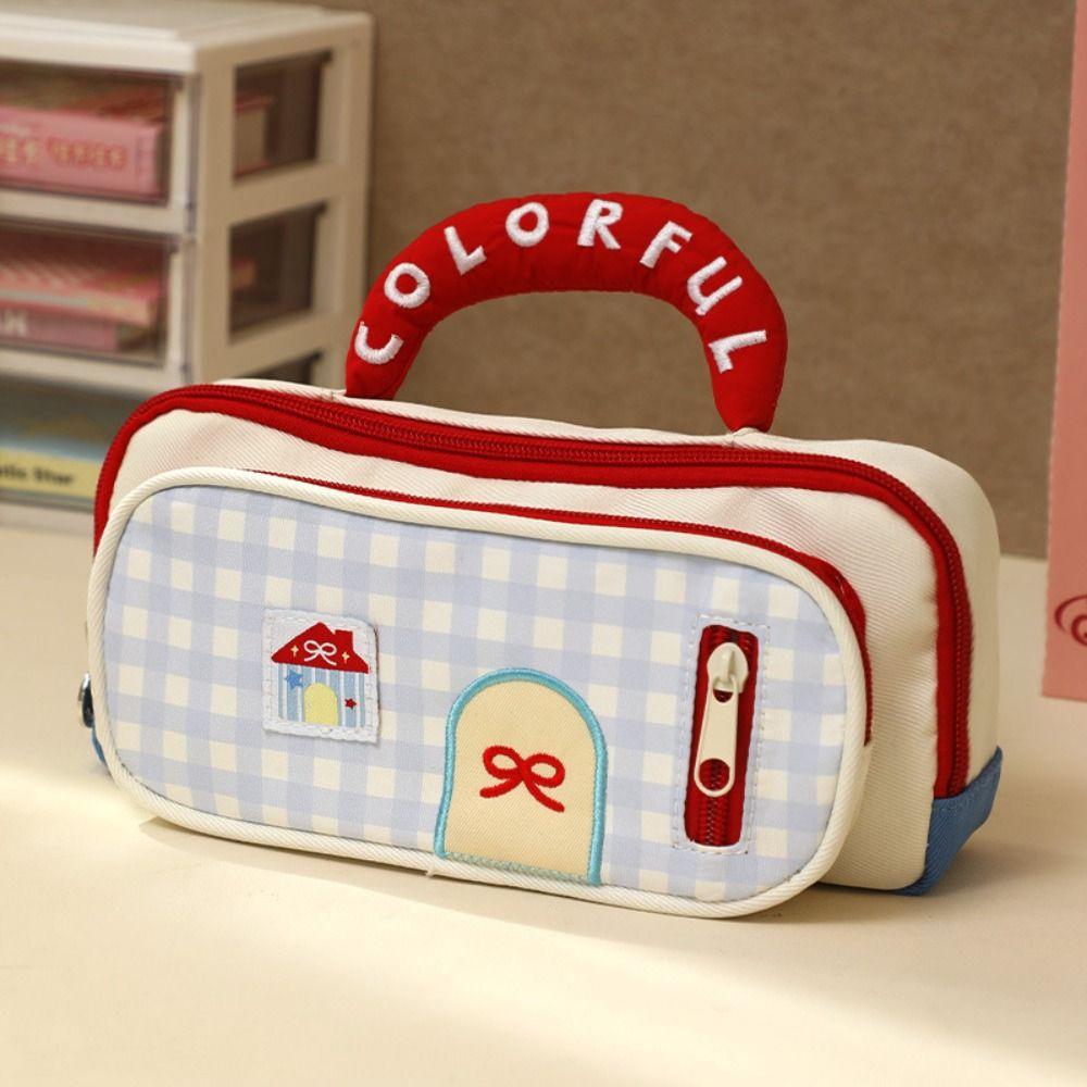 Embroidered Stationery Storage Bag Zipper Pen Pencil Case Dopamine House Pencil Bag  School