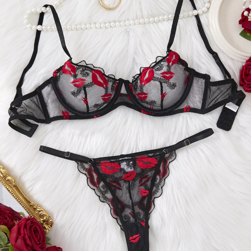 Dámská sexy krajková květinová souprava podprsenky Jednovrstvá podprsenka s kosticemi Tanga Bikini Lingerie Set