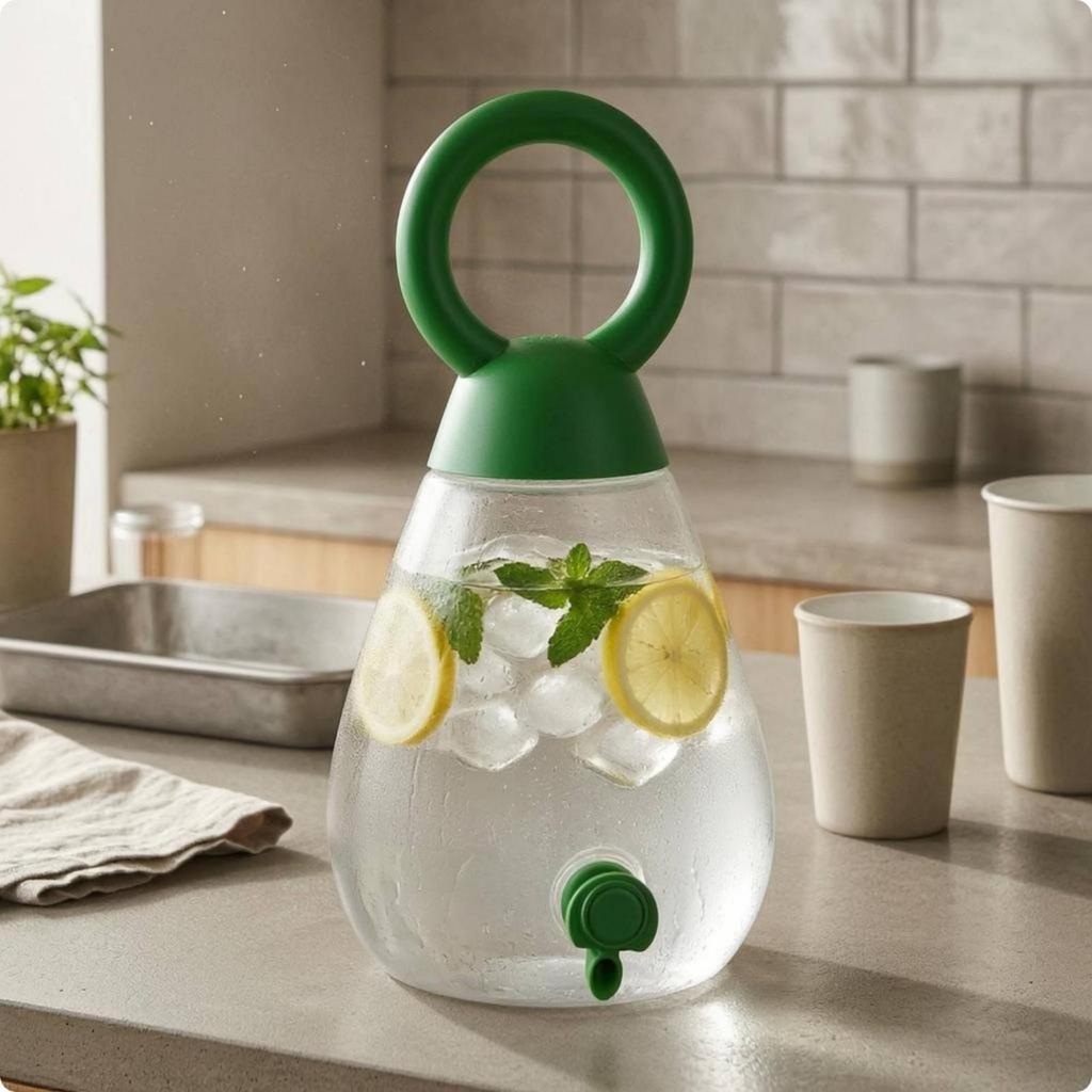 Dispenser Bevande a Goccia Manico Verde Caraffa Trasparente per Tè Freddo con Rubinetto