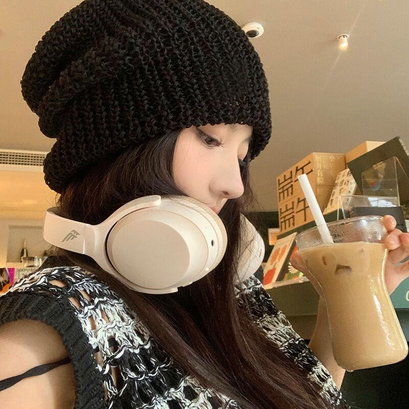 Black Knitted Wool Pile Hat for Women Niche Versatile Big Head Cold Hat Showing Face Small Ins Thin Hat