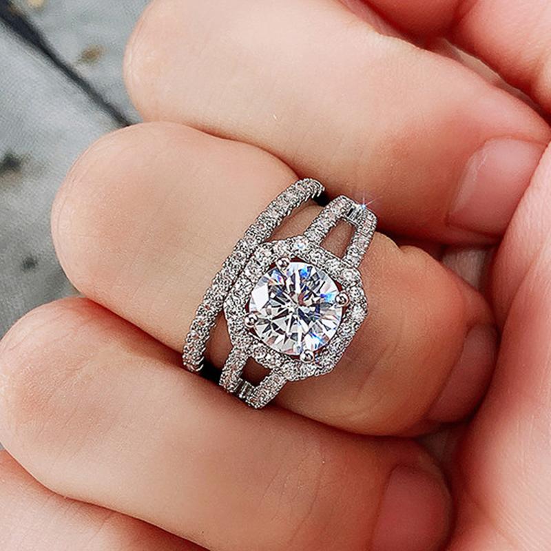 2pcs/set Aesthetic Engagement Rings Female Shiny Crystal CZ Chic Bridal Wedding Accessories Delicate Women's Jewelry Gift