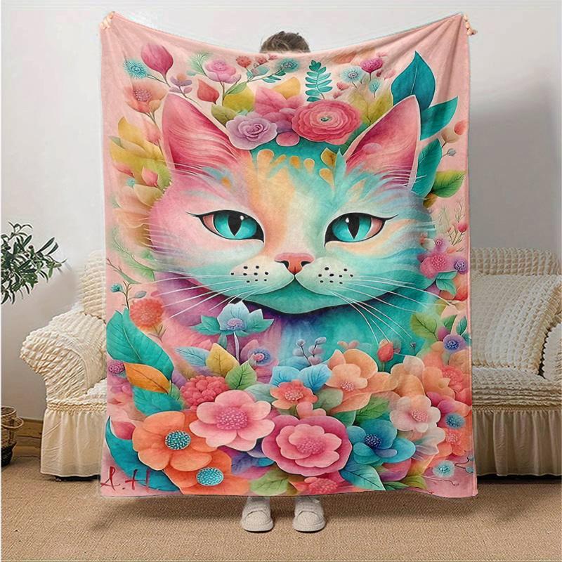 1pc Pink Cat Art with Floral Accents Blanket, Soft Throw for Room Decor