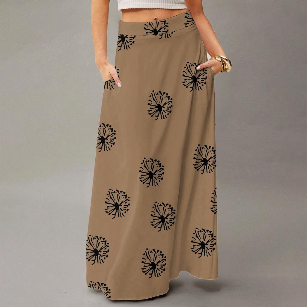 Damska Casualowa Składana Spódnica Maxi z Wysokim Stanem w Kropki z Kieszenią, Draperowana, Luźna