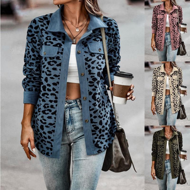Women S Corduroy Leopard Print Button Long Sleeve Jacket