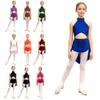 Kids Girls Lyrical Dance Performance Costume Glittery Rhinestone Cutout Strappy Backless Leotard Dress Sheer Mesh Overlay Mock Neck Dresses