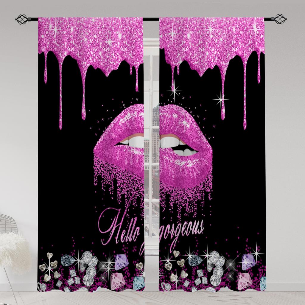 2pcs Lips Printed Translucent Curtains Multi-scene Polyester Rod Pocket Decor Curtains For Living Room Playroom Bedroom Home